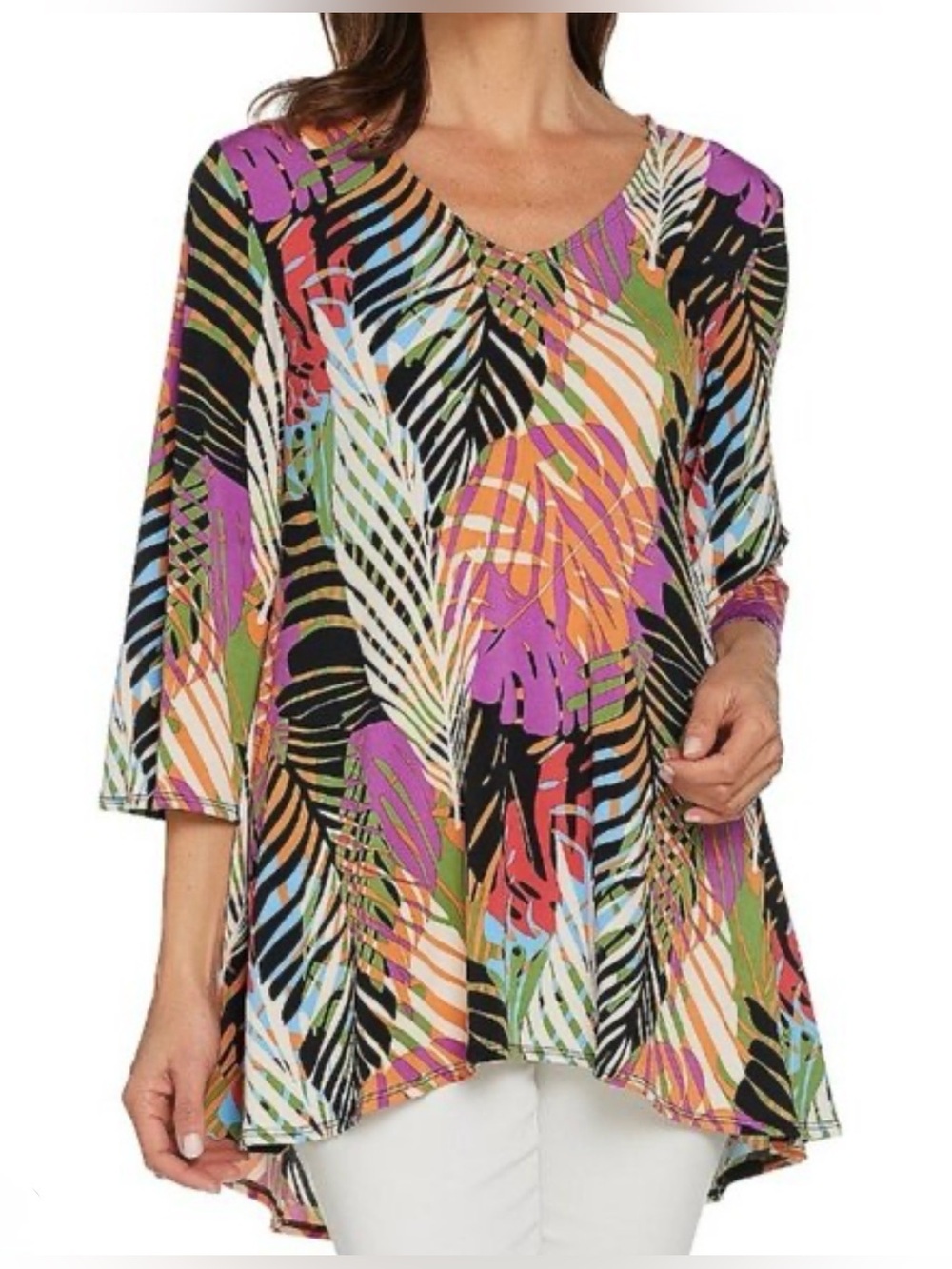 4/$20 Attitudes by Renée Tropical Palm Leaf Oversized Print Swing Tunic Top XS